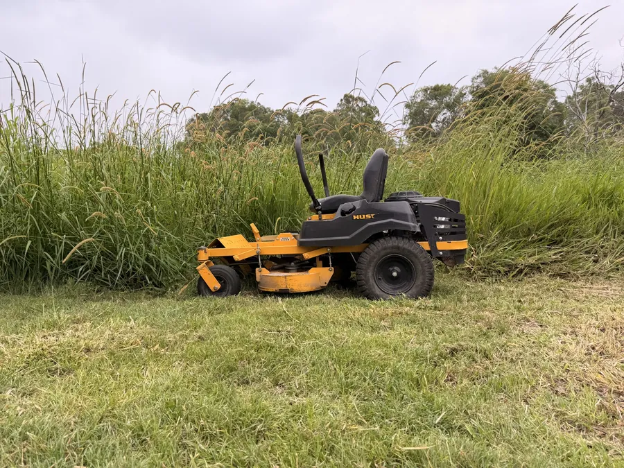 Zero-turn beside chest-high unmown grass — before and after on an acreage block